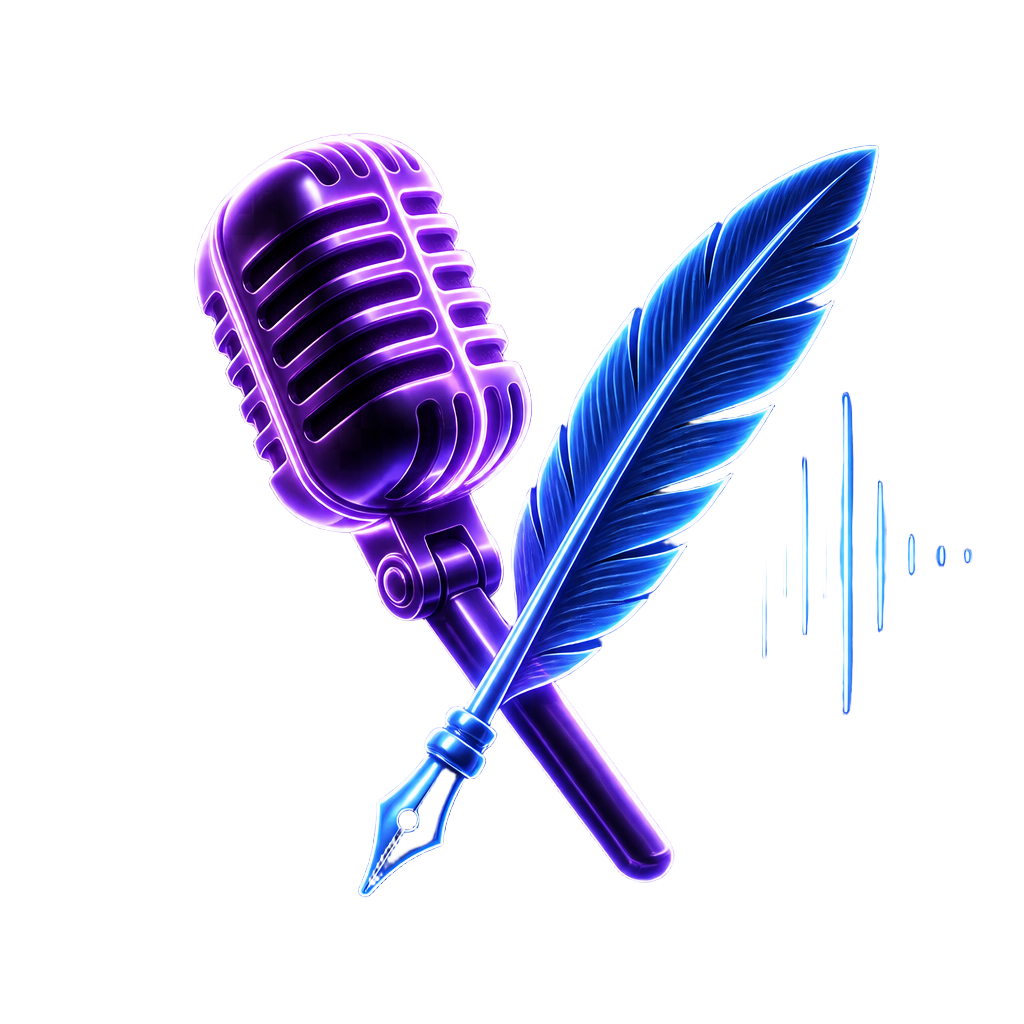 Glowing neon microphone and quill pen representing AI music creation